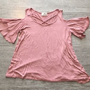 Pink, short sleeve t-shirt with shoulder cutouts